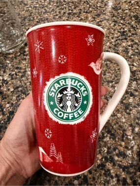 Starbucks Red and White Holiday Ceramic Mug with Green Logo